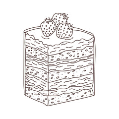 A piece of strawberry cake highlighted on a white background, vector illustration with the outline of the cake, hand-drawn. Sketch of a piece of cake with strawberries. Doodle illustration of a piece 