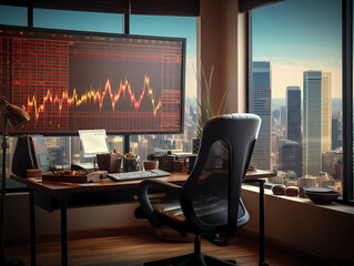 An Office With A Stock Market, A Desk With A Computer And A Large Screen