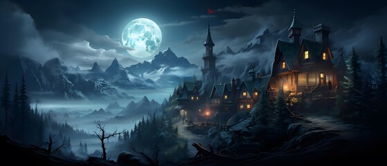Fantasy landscape with a village in the mountains and a full moon - Powered by Adobe
