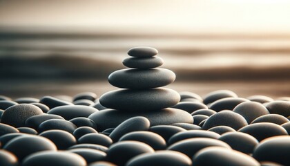Zen Stones on Beach at Sunset, Mindfulness Concept