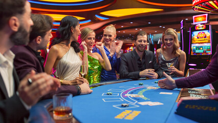 Diverse Group of Glamorous People Playing Game of Blackjack at Stylish Casino.Wealthy  Patrons...