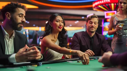 Fotobehang Diverse Group of People Playing Poker in a Luxurious Casino Championship. Private Club Guests Feeling Lucky, Placing Bets, Reading Opponents, Counting dealed cards, Calling Out Each Other for Bluffing © Kitreel
