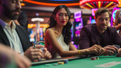 Portrait of a Glamorous Asian Woman at a Poker Gambling Table in Casino. Sensual Successful Lady...