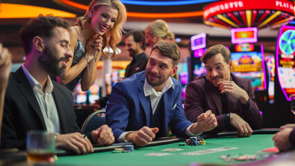 High-Stakes Poker Championship in Casino, Sharply Dressed Players Place Their Bets, Reveal Cards....