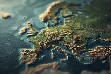 A detailed close-up view of a map of Europe. Ideal for illustrating geographical information or...