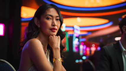 In Stylish Casino Gorgeous Asian Woman Posing Confidently, Looking at Camera, Wearing a Fashionable...