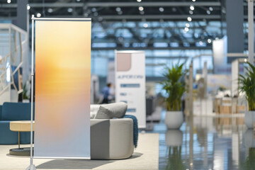 Mockup Of Vertical Rollup Banners At Trade Fair Presenting Your Brand Professionally - obrazy, fototapety, plakaty