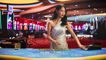 Portrait of a Beautiful Asian Female Croupier Dealing Playing Cards in a Casino for a Game of...