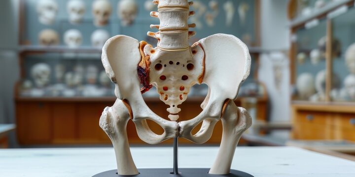 A model of a human skeleton displayed in a museum. Suitable for educational purposes or medical presentations