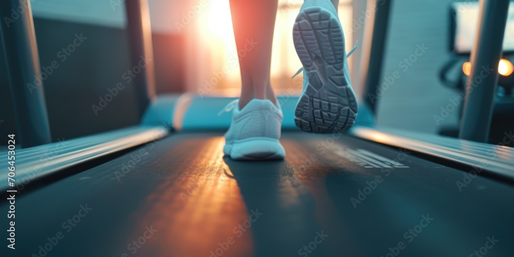 Poster Close up view of a person's feet on a treadmill. Ideal for fitness and exercise concepts