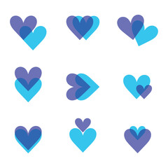Bright purple and blue colored hearts icon set. Hearts merged. Heart on heart. Flat style. Vector illustration