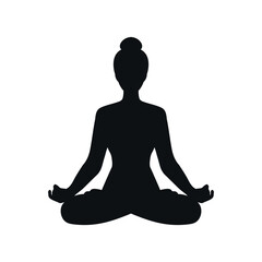 Silhouette of a woman sitting in lotus position. Girl doing yoga and meditating. Meditation and healthy lifestyle. Vector illustration