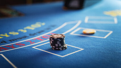 Close Up on Casino Baccarat Gambling Table: Betting Chips of 100 are Put on Top of a Betting Table....