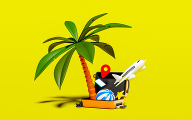 Palm tree, beach ball, starfish, plane, smart phone and a map pin jumping out of opened suitcase on...