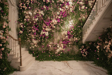 Photo Studio Featuring Floral Wall And Staircase Backdrop