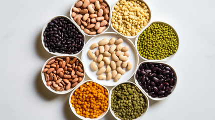 Various colorful legumes and cereals in black bowls background.
 - obrazy, fototapety, plakaty