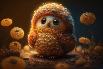 Cute owl, toy bird in a fairy tale world. - obrazy, fototapety, plakaty