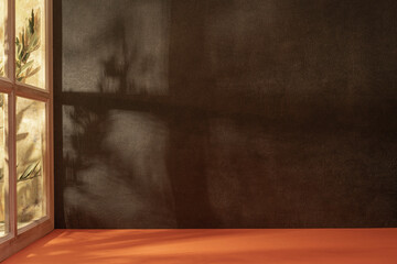Panorama de fond d'un mur noir avec un support orange pour création d'arrière plan. Panoramique...