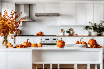 White modern kitchen decorated for fall with orange pumpkins and leaves