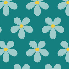 Fototapeta premium Seamless pattern of delicate flowers on a light blue background. Seamless vector pattern in 60s, 70s style. The background design is suitable for textiles, clothing, stationery, wrapping paper, covers