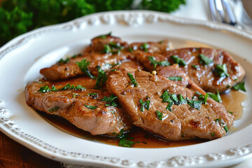 Scaloppine Alla Marsala On White Plate