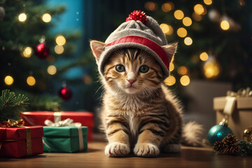 Kitten santa claus. Cat celebrating christmas. Cute kitten with christmas gifts and christmas tree