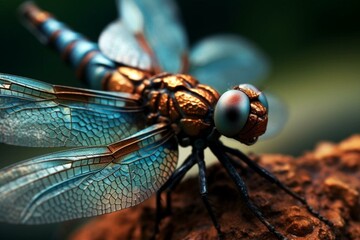Impressive close-up of a dragonfly with incredible intricacy. Generative AI