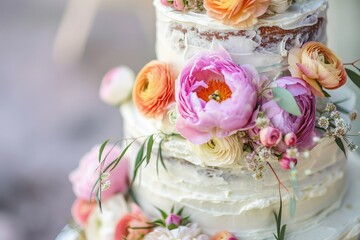 Close up rustic wedding cake, Ranunculites theme, photograph , copy space.