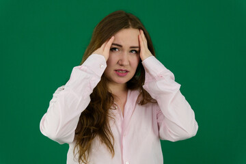 headache woman chroma key Exhausted tired pretty woman takes off glasses, feels eyes hard pain,...