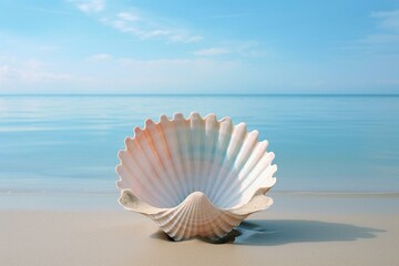 Empty seashell besides vacant space with a beautiful scenery. Generative AI - obrazy, fototapety, plakaty