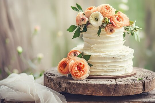 Rustic wedding cake, Ranunculites theme, photograph , copy space.