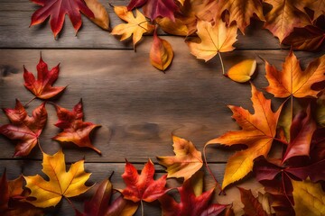 Fall leaves border on light wooden surface