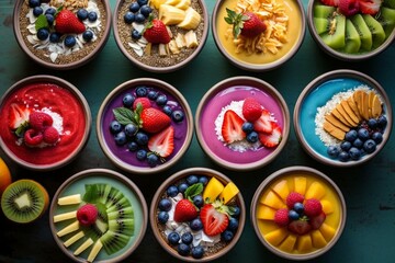 Fototapeta na wymiar Vibrant smoothie bowls adorned with assorted toppings. Generative AI