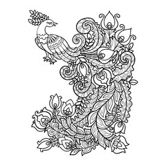 Peacock with a beautiful long tail. Black and white linear drawing. For the design of coloring books for children and adults, prints, posters, cards, stickers, tattoos, puzzles, etc.Vector illustratio