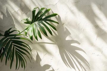 Tropical Leaf Creates Shadow On Cream White Concrete Wall