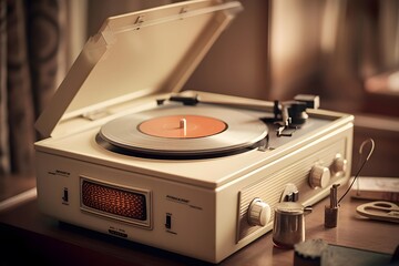 Retro turntable with vinyl record on wooden table in room