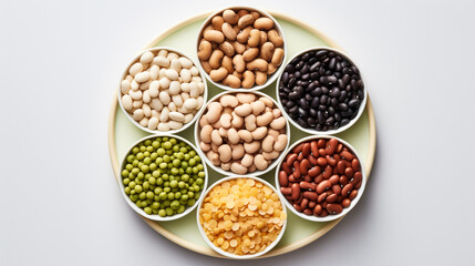 Various colorful legumes and cereals in black bowls background.
