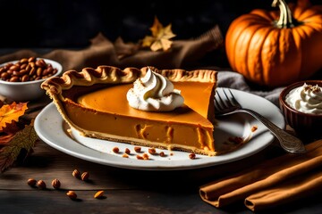 Slice of traditional pumpkin pie for Thanksgiving dinner, topped with whipped cream