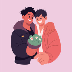 Gay Couple hugging and giving Bouquet to Each other Homosexual Valentine's Day Flat Vector Illustration