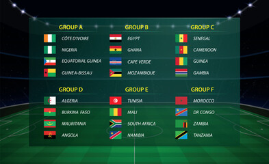 Africa cup 2023 groups. Soccer tournament broadcast graphic template.