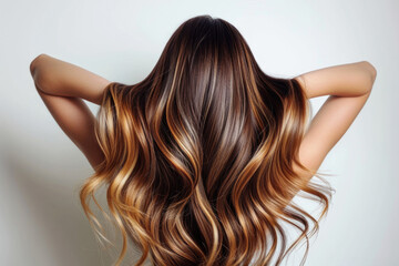 Naklejka premium Stylish Woman Showcasing Balayage Highlights Hair Against A White Background