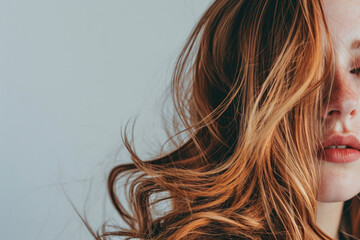 Woman With Balayage Hair Looking Serene On White Backdrop - obrazy, fototapety, plakaty