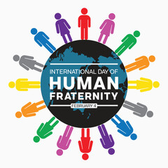 International Day of Human Fraternity design. It features an earth surrounded by colorful people icon. Vector illustration. 