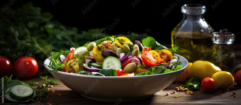 Poster nourishing salad with fresh ingredients.