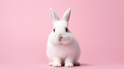 Obraz premium A beautiful cute white rabbit on a pink background with copy space for text. Easter, holiday, animals, spring banner concepts.