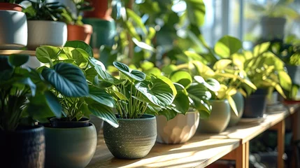 Foto op Canvas Several pots of lush heart leaf philodendron in a bright room. Generative AI. © visoot