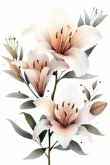 Watercolor art natural gentle lily and branches isolated on white background. Generative AI.