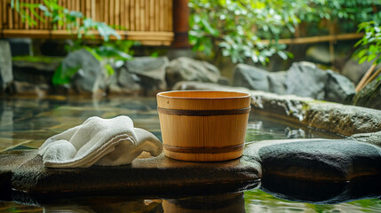 Tranquil Japanese onsen with steaming hot springs during a serene sunset.
