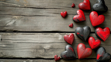 Many red and black heart-shaped items are painted on a rustic wood background, featuring a romantic ruins style, vintage-inspired still life elements.