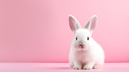 A beautiful white rabbit on a pink background with a copy space. Easter, holiday, animals, spring concepts.